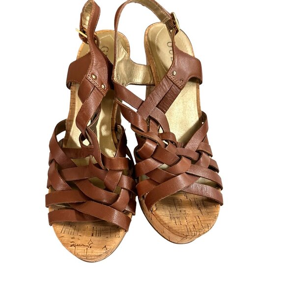 🍒 2/$20 🍒 Cognac Brown Strappy Guess Wedge Sandals sz 6.5 - Picture 1 of 7